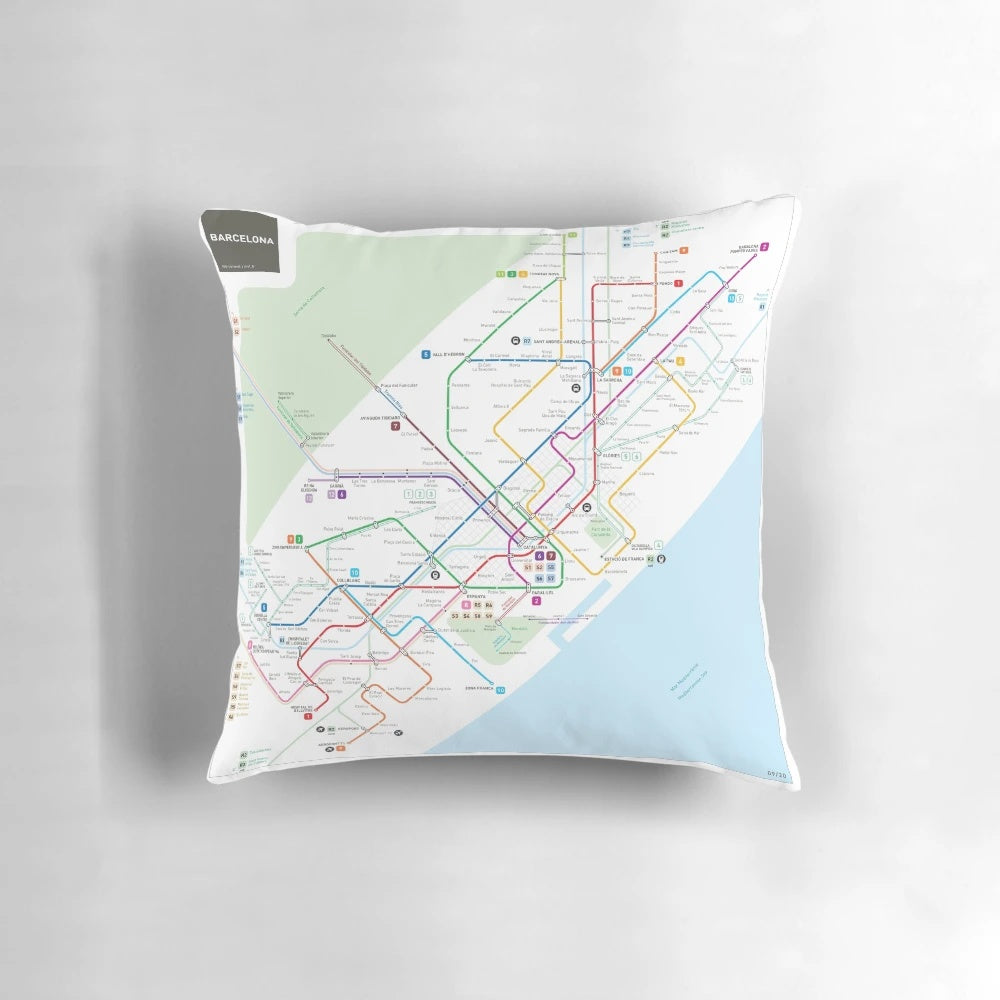 Barcelona metro map printed on a soft, comfortable throw pillow for home decor