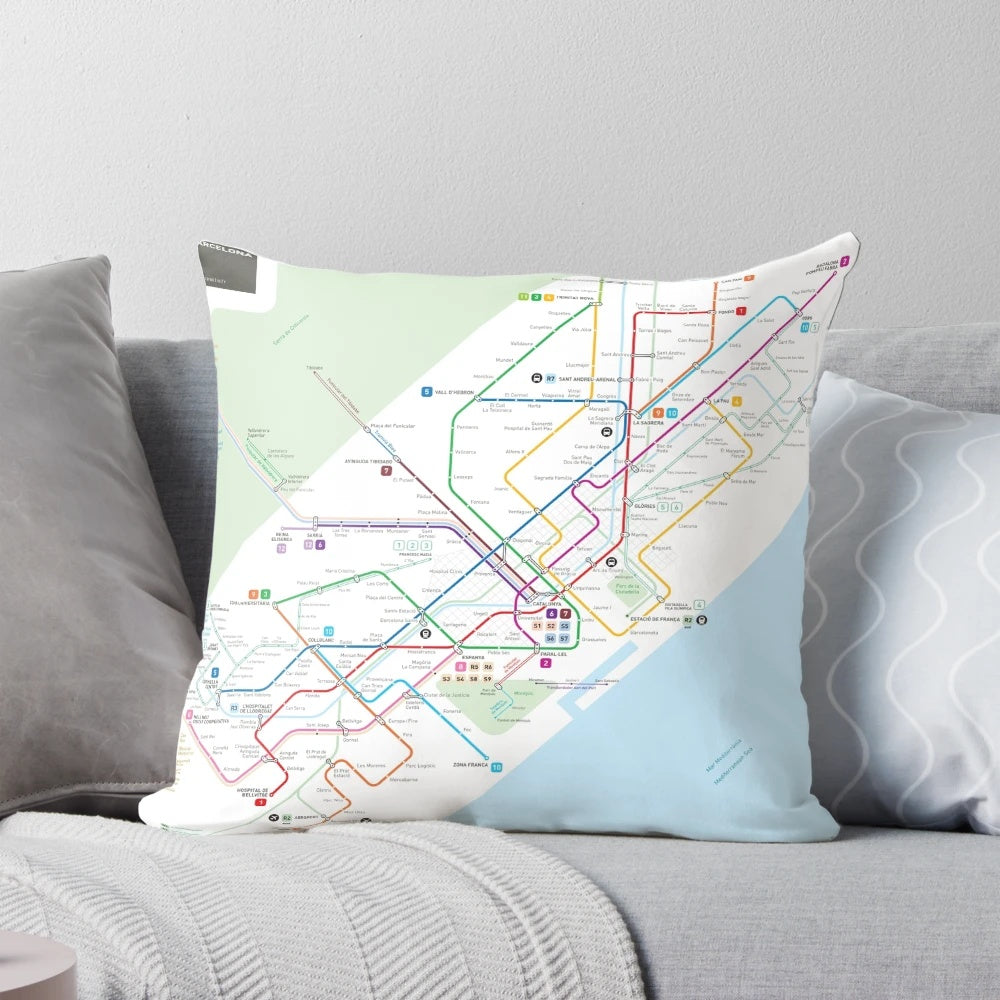 Barcelona metro map printed on a soft, comfortable throw pillow for home decor