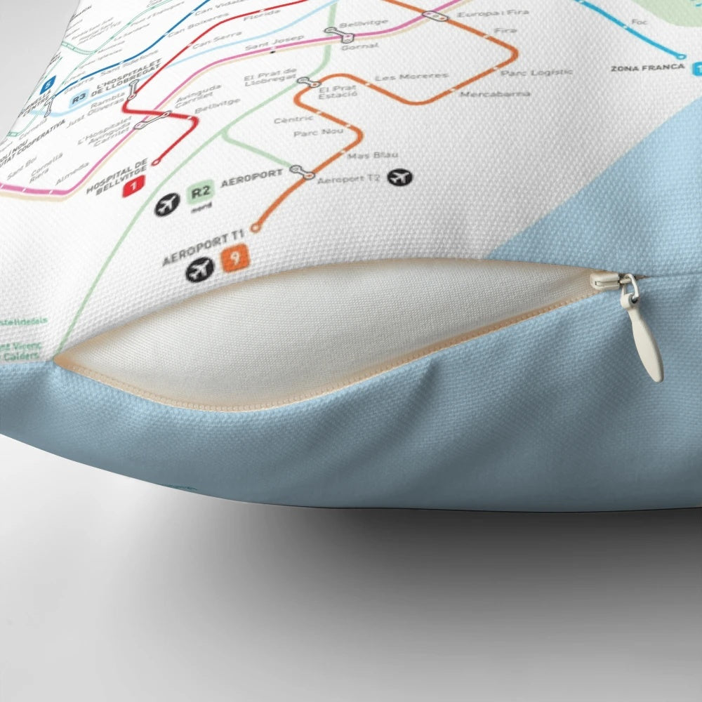 Barcelona metro map printed on a soft, comfortable throw pillow for home decor