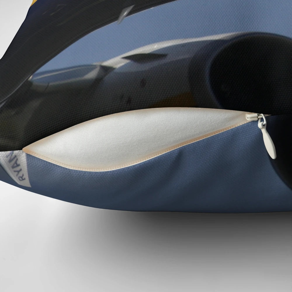 A soft, plush pillow depicting a Ryanair Boeing 737 aircraft at Schiphol Airport.