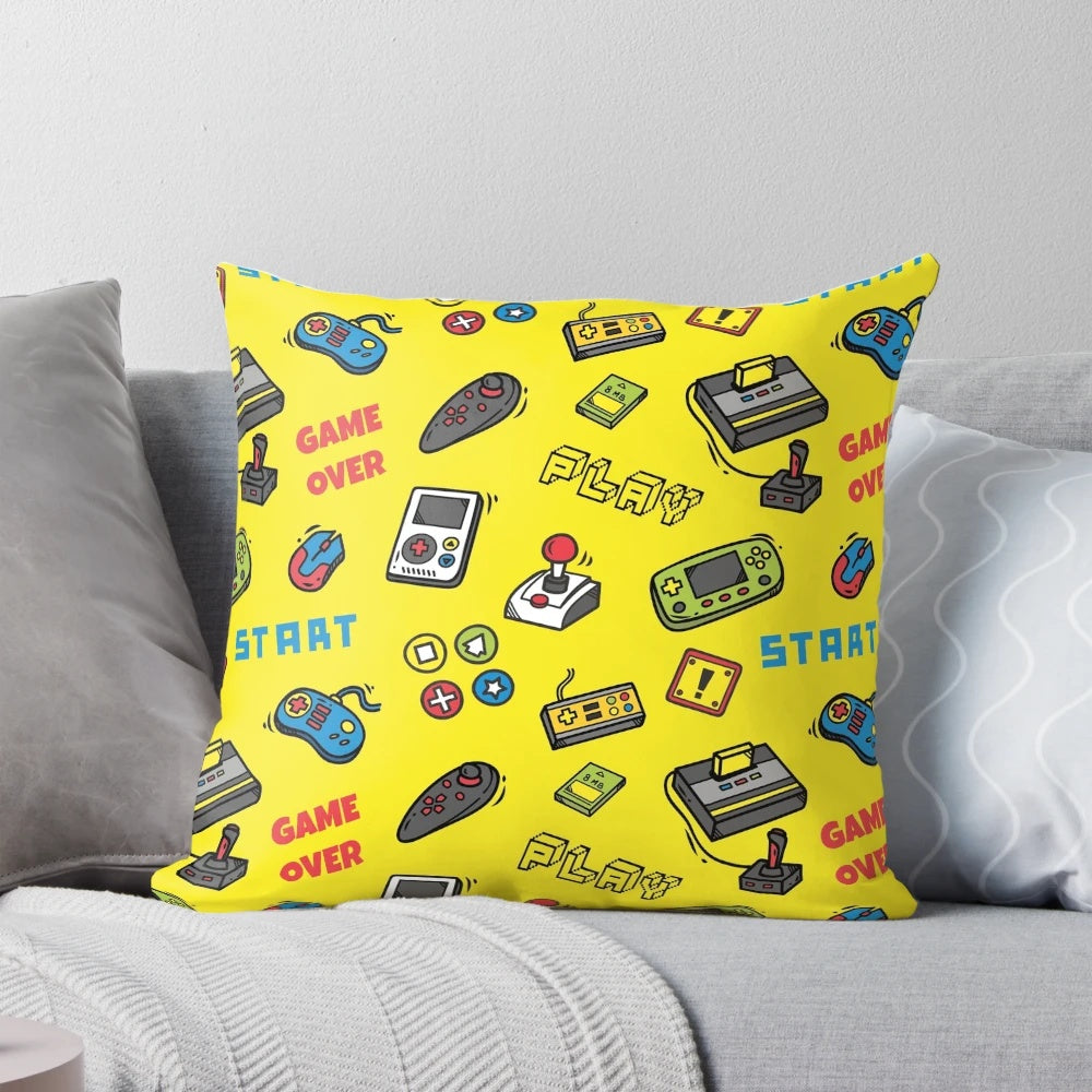 A plush, comfortable pillow featuring classic gaming icons and accessories