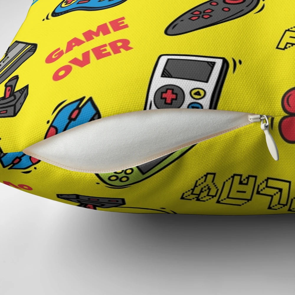 A plush, comfortable pillow featuring classic gaming icons and accessories
