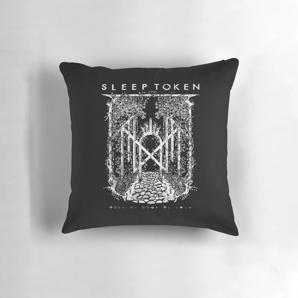 A plush green flower pillow featuring the Sleep Token metalcore band logo.