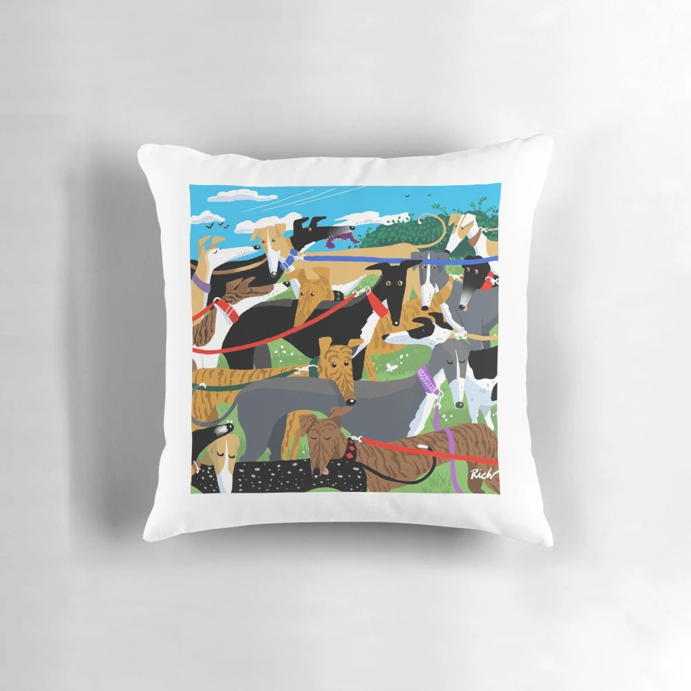 A soft, high-quality pillow featuring a greyhound design, perfect for adding a touch of elegance to your living space.
