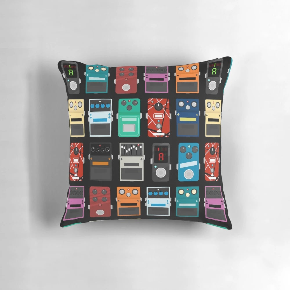 A soft, plush pillow designed to provide a comfortable surface for guitar pedals and effects on a pedalboard.
