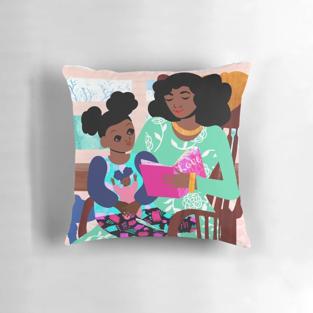 Rocking chair pillow with a black girl and mother design, perfect for a nursery or reading nook.