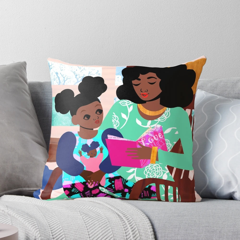 Rocking chair pillow with a black girl and mother design, perfect for a nursery or reading nook.
