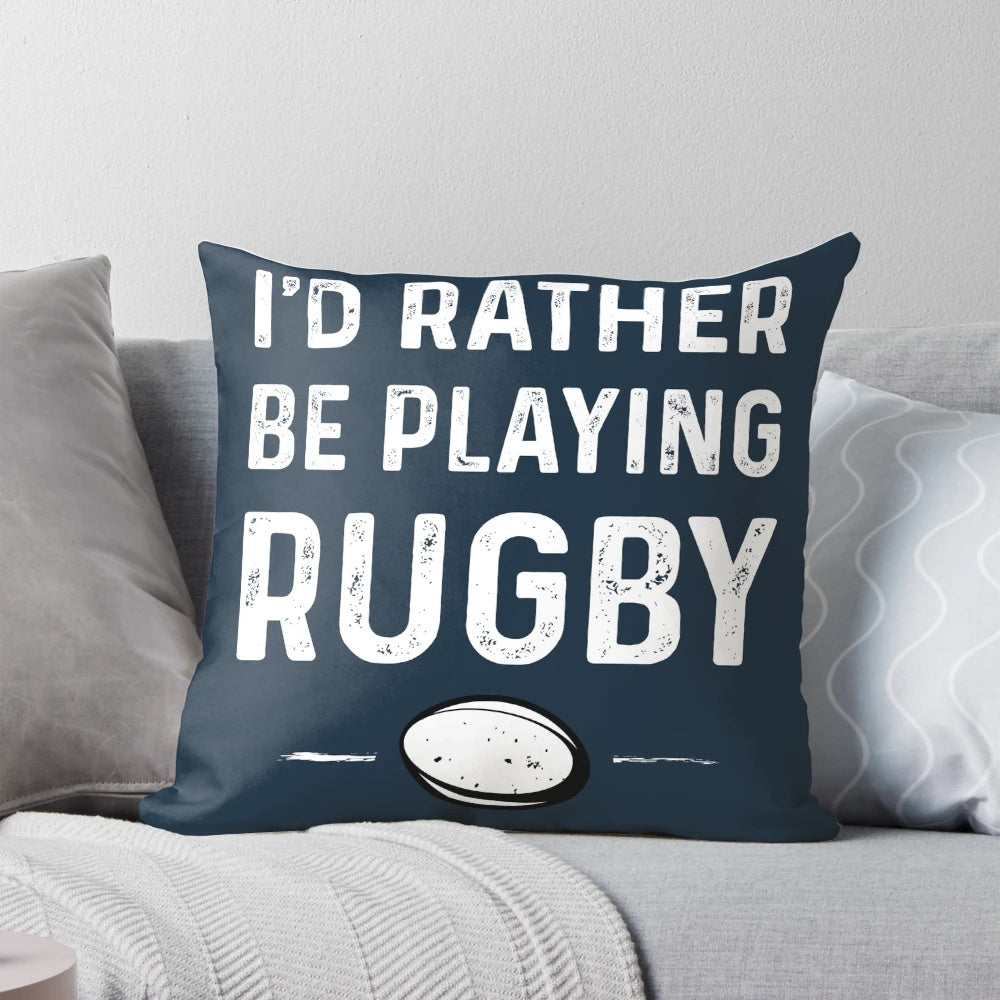 Plush rugby-themed pillow featuring a graphic design for rugby enthusiasts