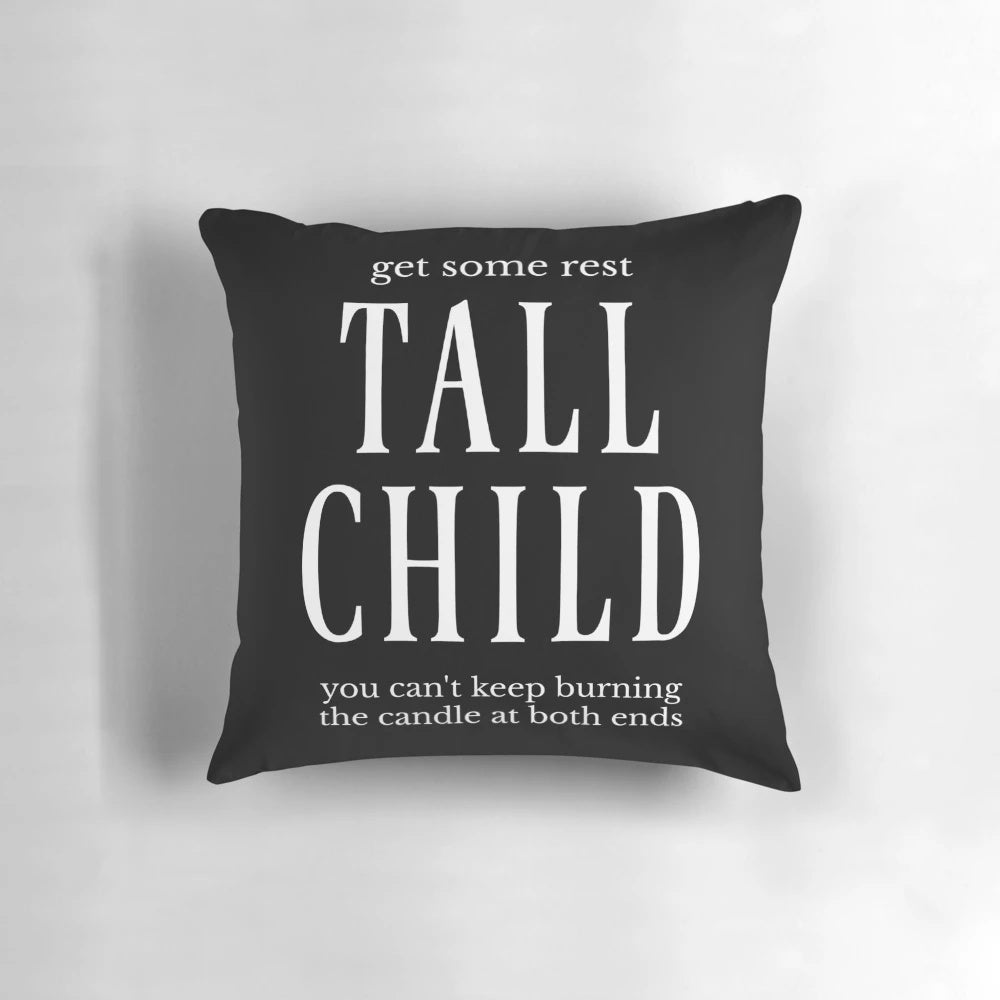 Tall child-sized pillow featuring a humorous design inspired by comedian John Mulaney's comedy routines.