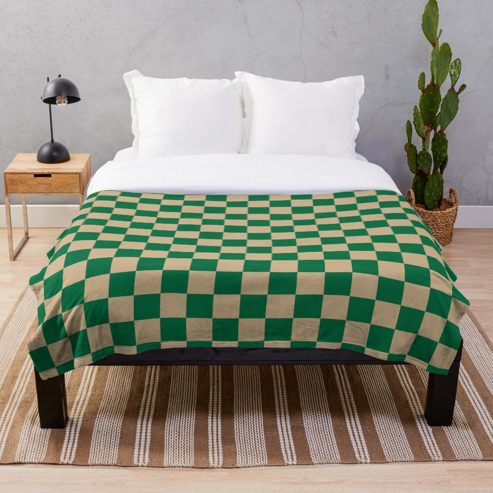Tan brown and cadmium green checkered plush blanket for cozy home decor