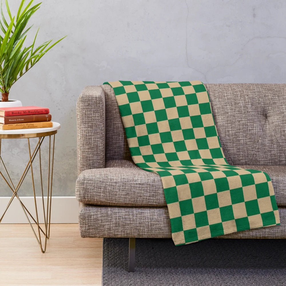 Tan brown and cadmium green checkered plush blanket for cozy home decor
