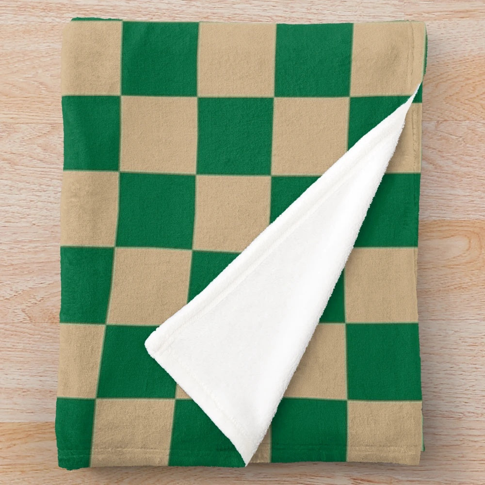 Tan brown and cadmium green checkered plush blanket for cozy home decor