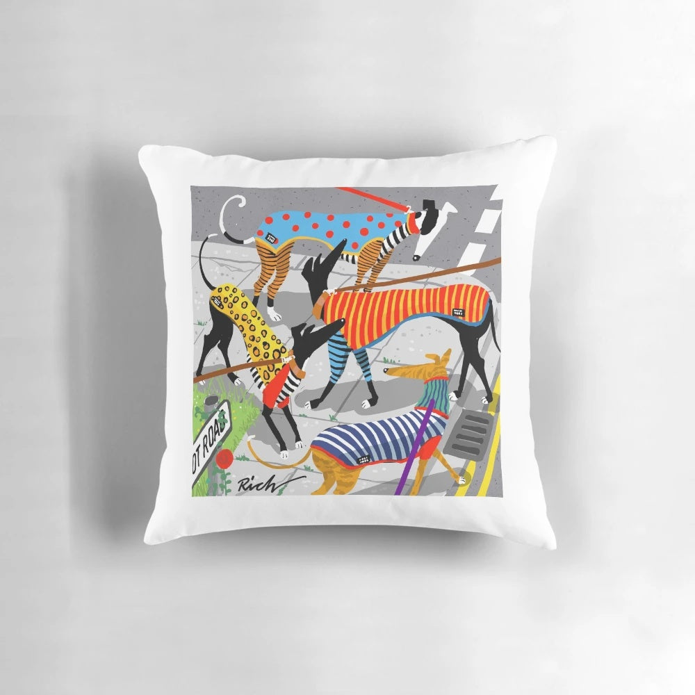 Soft, plush pillow featuring a greyhound, whippet, or other hound dog design