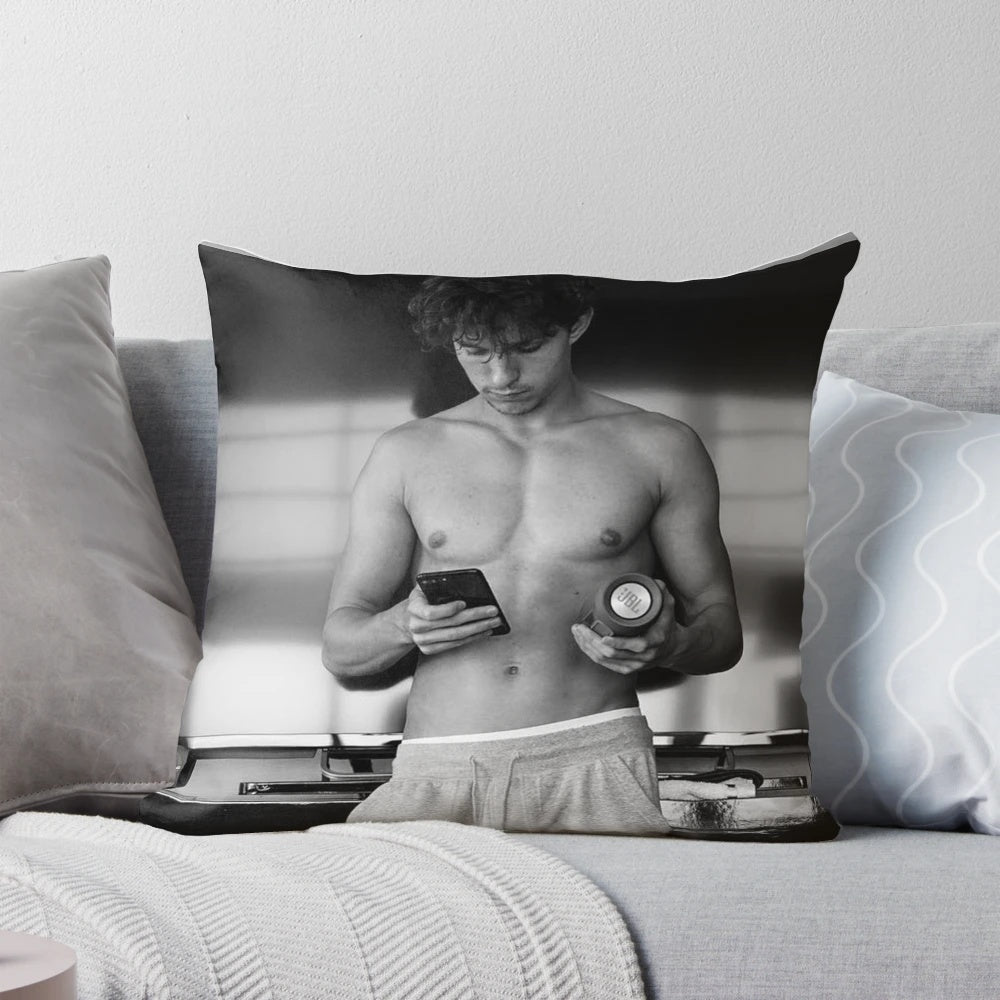 A plush pillow featuring the image of actor Tom Holland as Spider-Man.