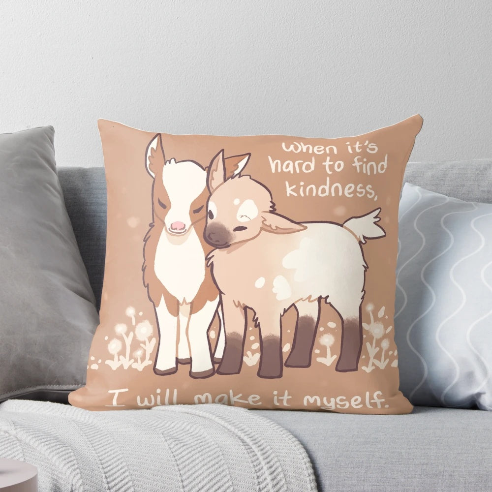 A soft, plush pillow featuring an illustration of adorable baby goats, designed to promote kindness and self-care.