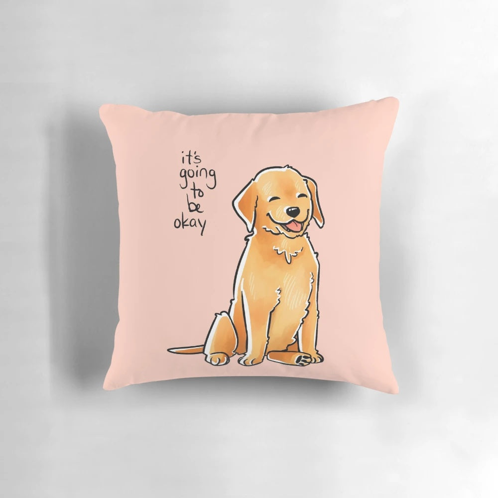 Soft, plush golden retriever puppy pillow with uplifting "It Will Be Okay" text