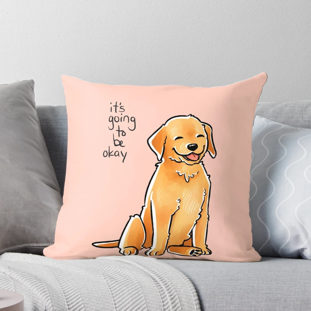 Soft, plush golden retriever puppy pillow with uplifting "It Will Be Okay" text