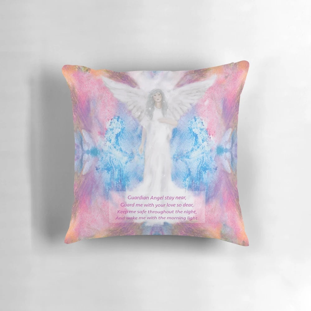 A plush prayer pillow featuring a guardian angel design, perfect for children's spiritual and religious needs.