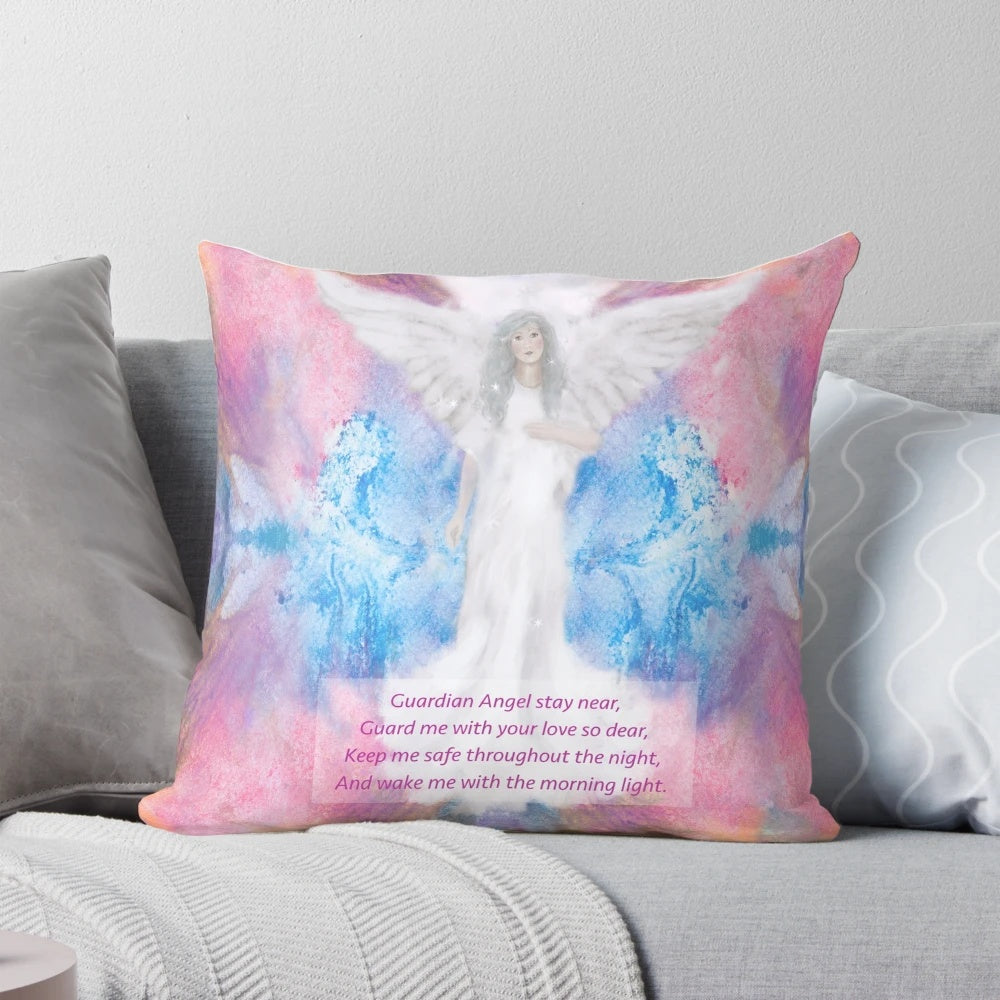 A plush prayer pillow featuring a guardian angel design, perfect for children's spiritual and religious needs.