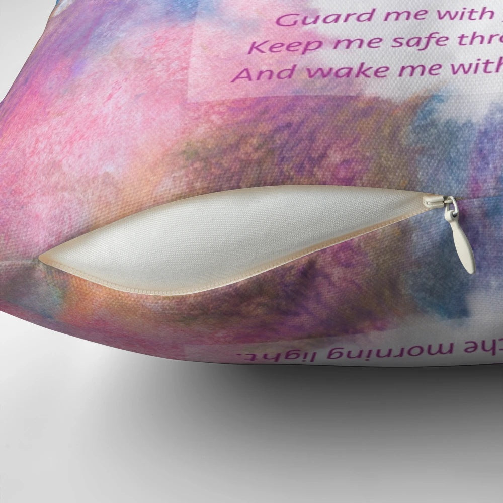 A plush prayer pillow featuring a guardian angel design, perfect for children's spiritual and religious needs.