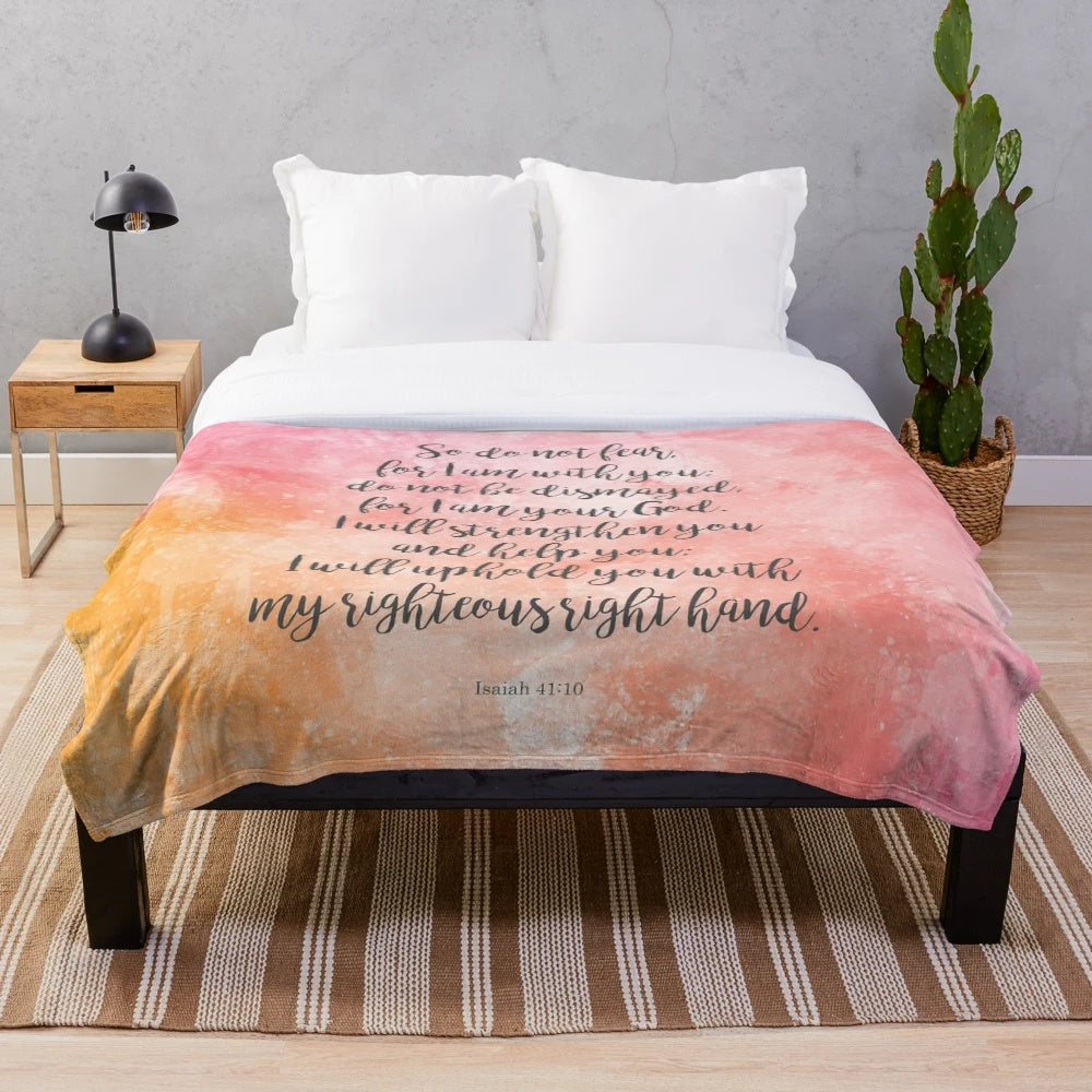 Cozy plush blanket featuring the inspiring Bible verse Isaiah 41:10