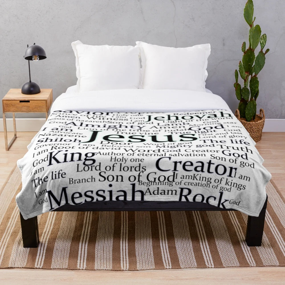 Plush blanket featuring inspirational Bible verses about Jesus Christ