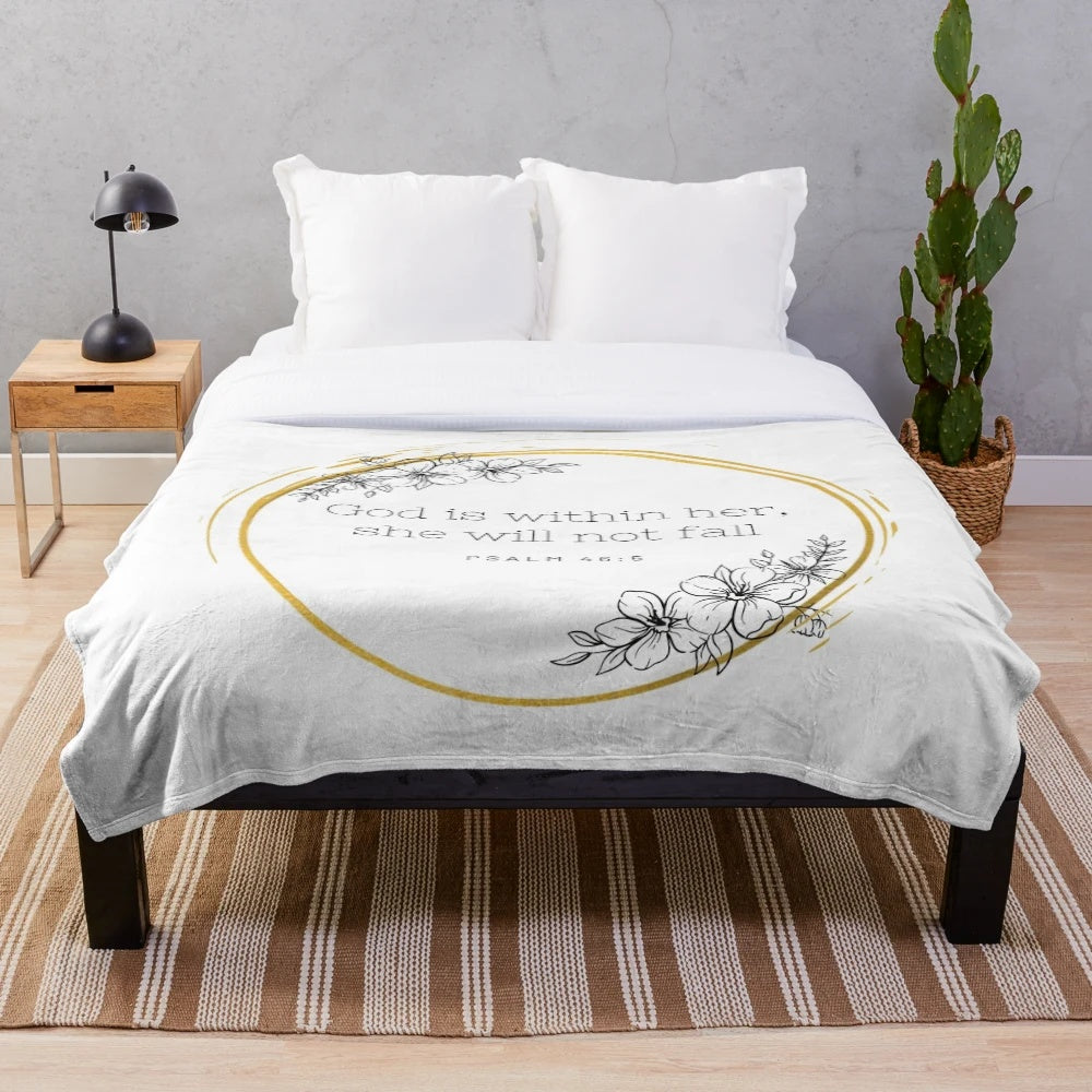 Soft, floral plush blanket featuring the Bible verse "God is within her, she will not fall" from Psalm 46:5