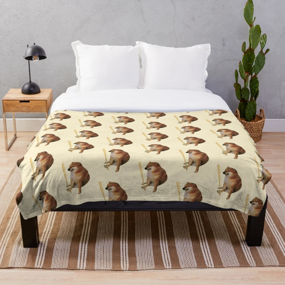 Soft and cuddly plush blanket featuring the iconic Cheems Doge meme character