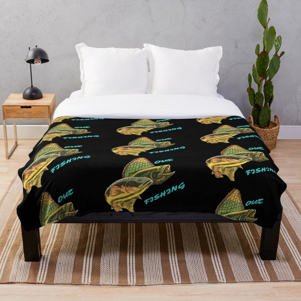 Fishing plush blanket with fish and fishing gear design
