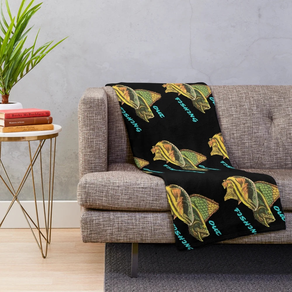 Fishing plush blanket with fish and fishing gear design