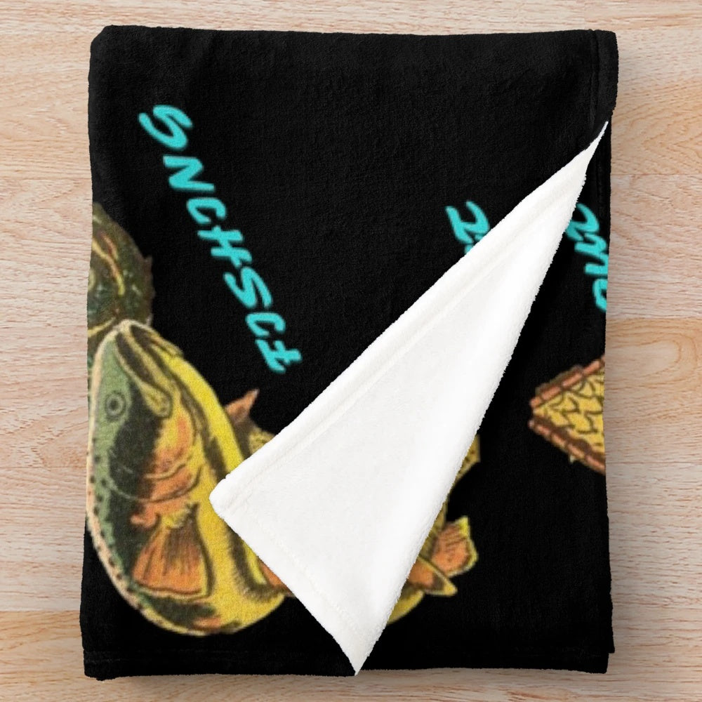Fishing plush blanket with fish and fishing gear design