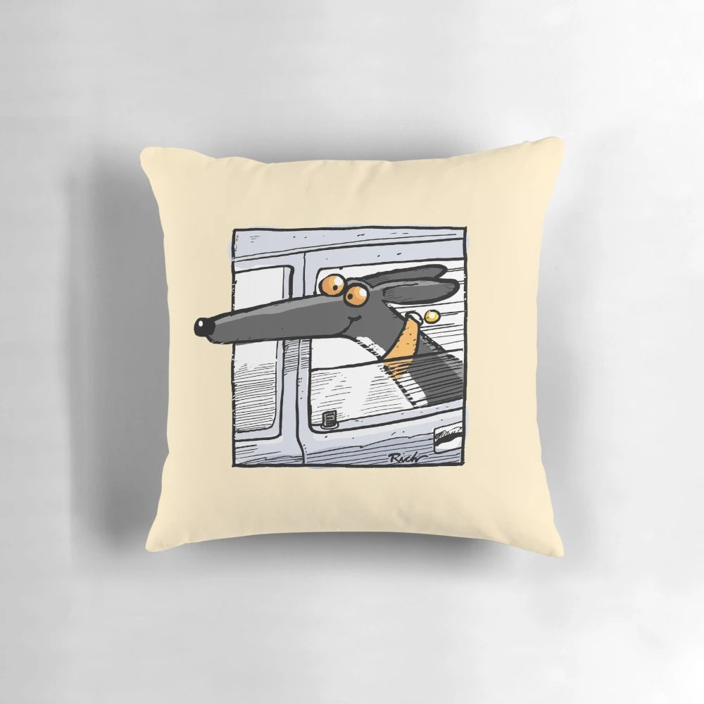 Comfortable and colorful greyhound, lurcher, and whippet themed pillows designed by Richard Skipworth