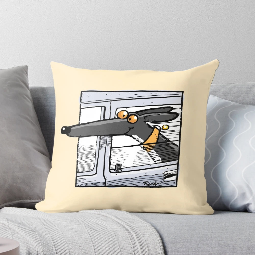 Comfortable and colorful greyhound, lurcher, and whippet themed pillows designed by Richard Skipworth