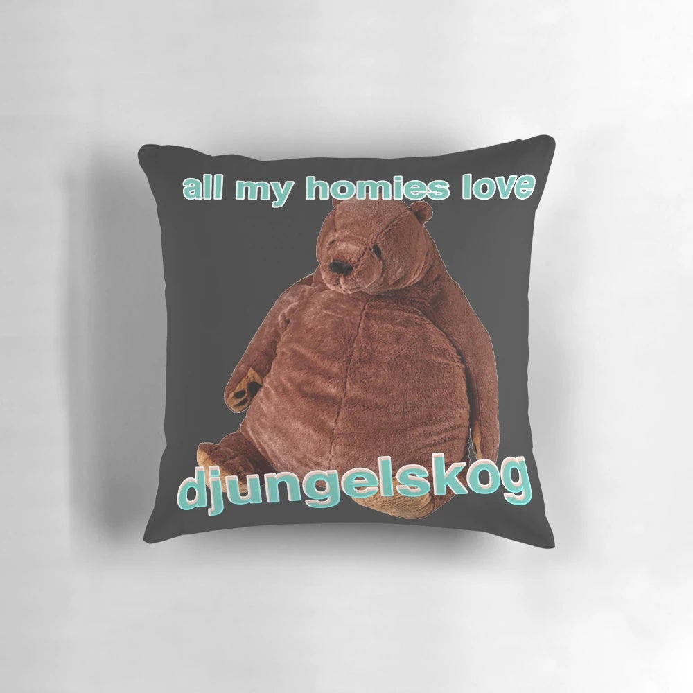 A soft, plush Djungelskog pillow with a humorous "All My Homies Love Djungelskog" design.