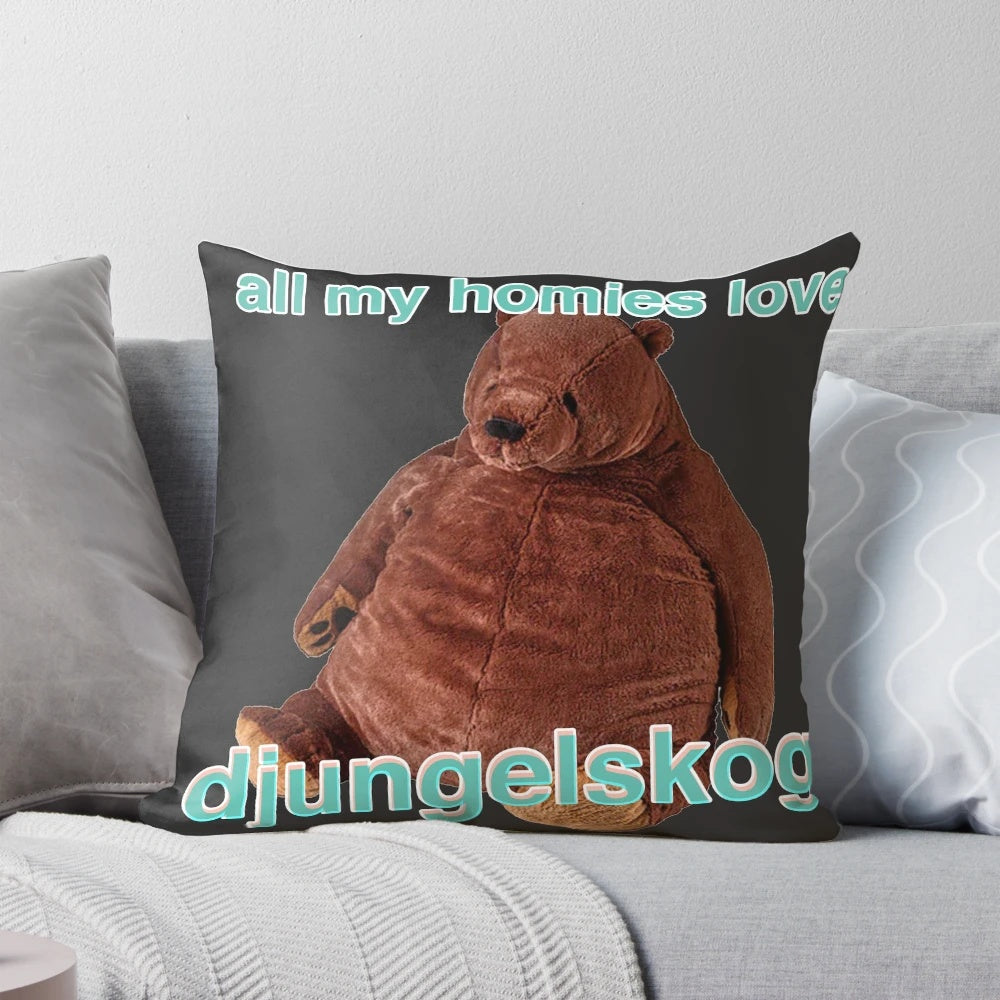 A soft, plush Djungelskog pillow with a humorous "All My Homies Love Djungelskog" design.