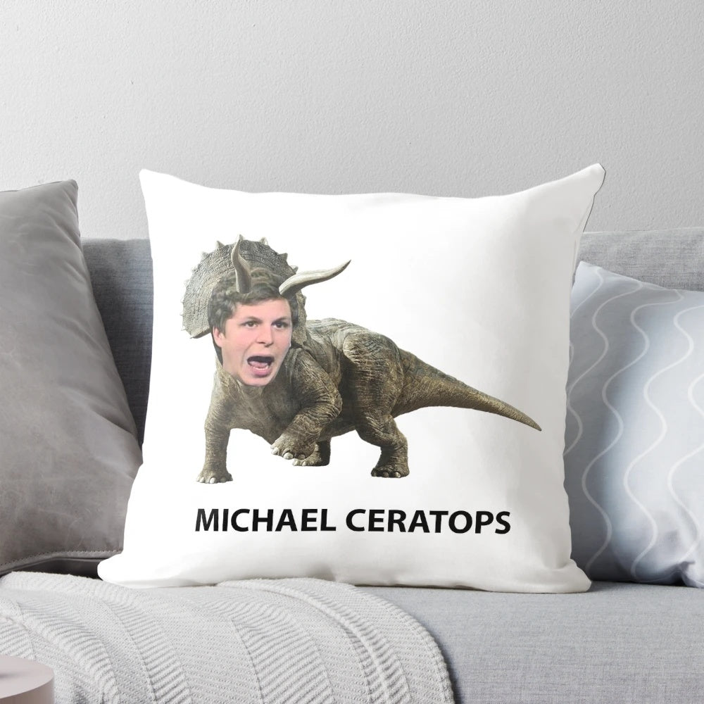 Soft plush pillow featuring the image of a triceratops dinosaur with the face of actor Michael Cera