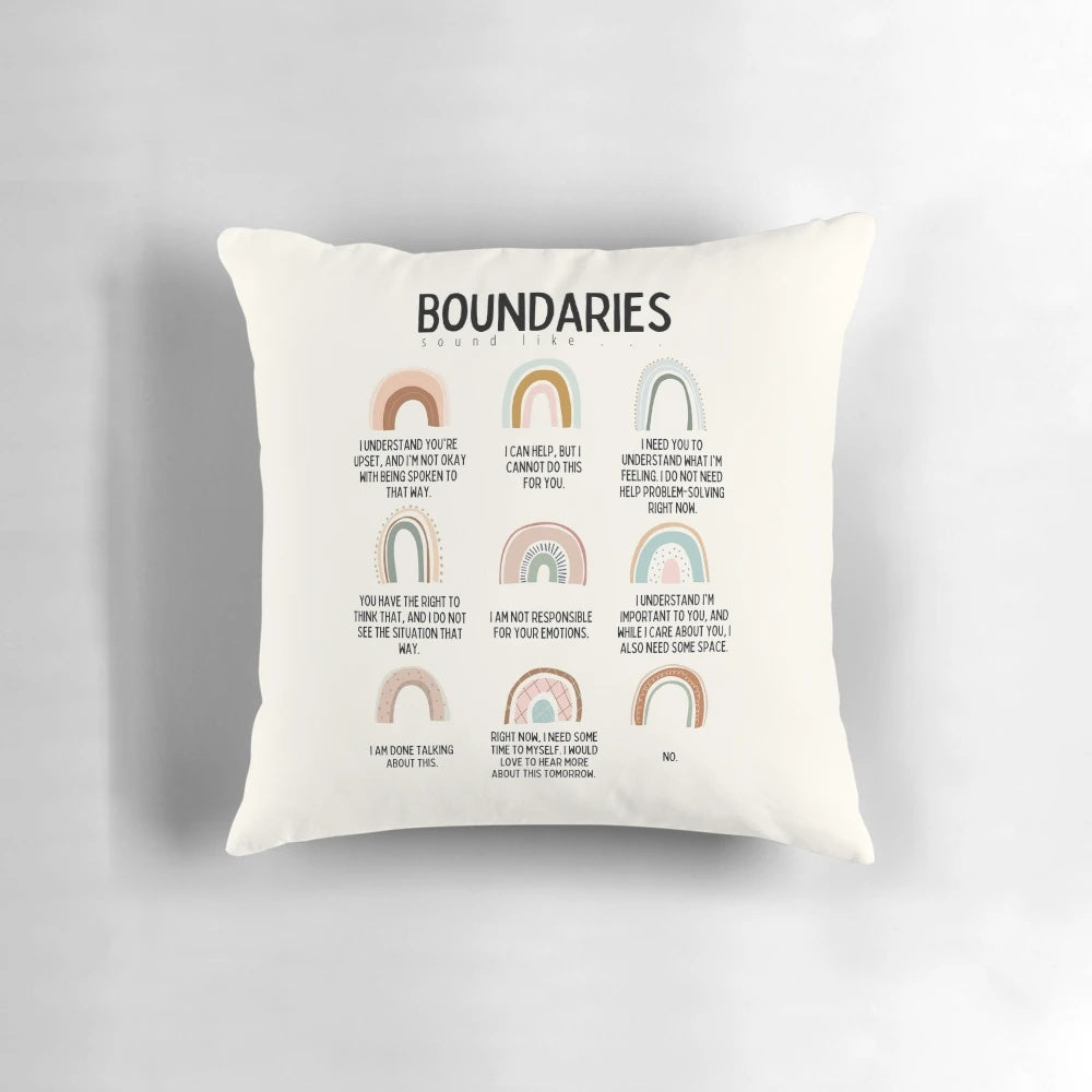 Soft, plush pillow with the text "Boundaries" printed on it, designed for mental health professionals' offices.