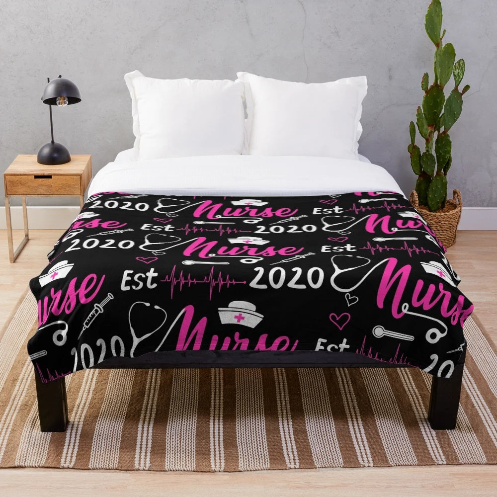 Cozy plush blanket with inspirational "You Can't Scare Me, I'm a Nurse Est. 2020" design for nurses and essential workers
