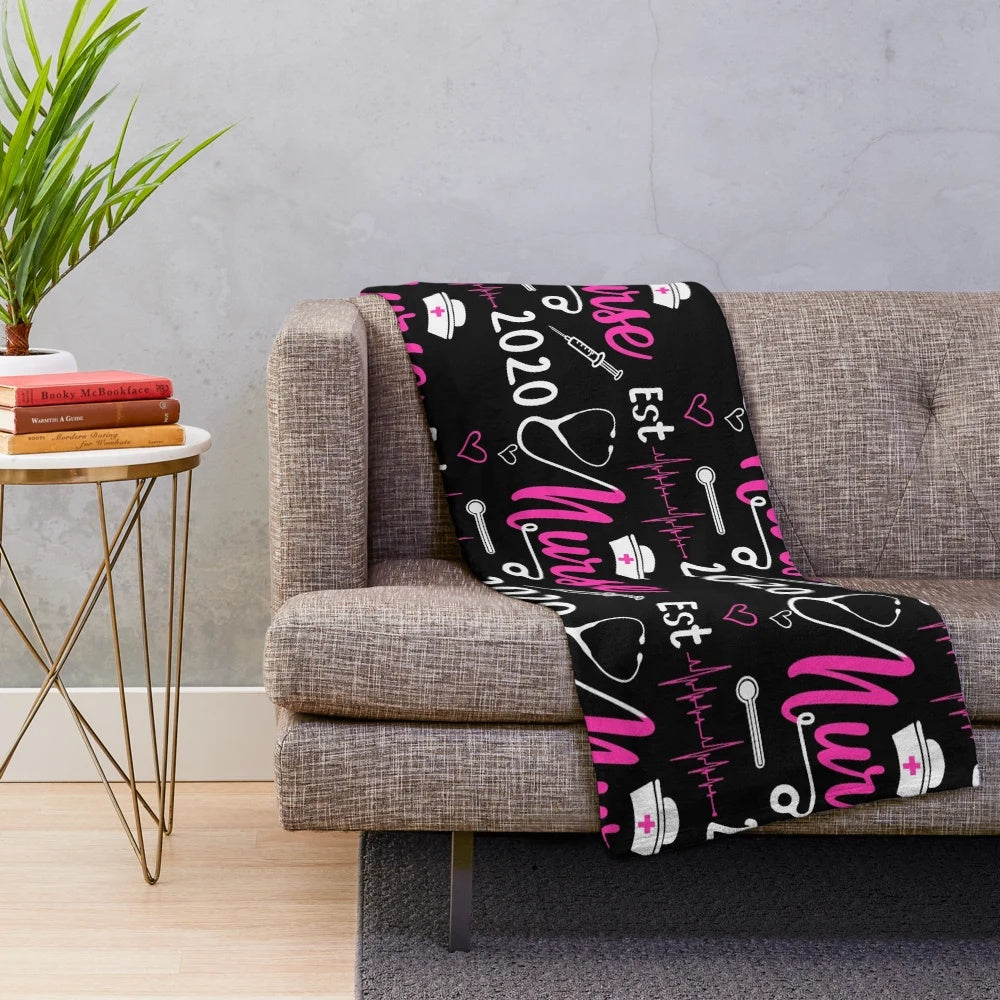 Cozy plush blanket with inspirational "You Can't Scare Me, I'm a Nurse Est. 2020" design for nurses and essential workers