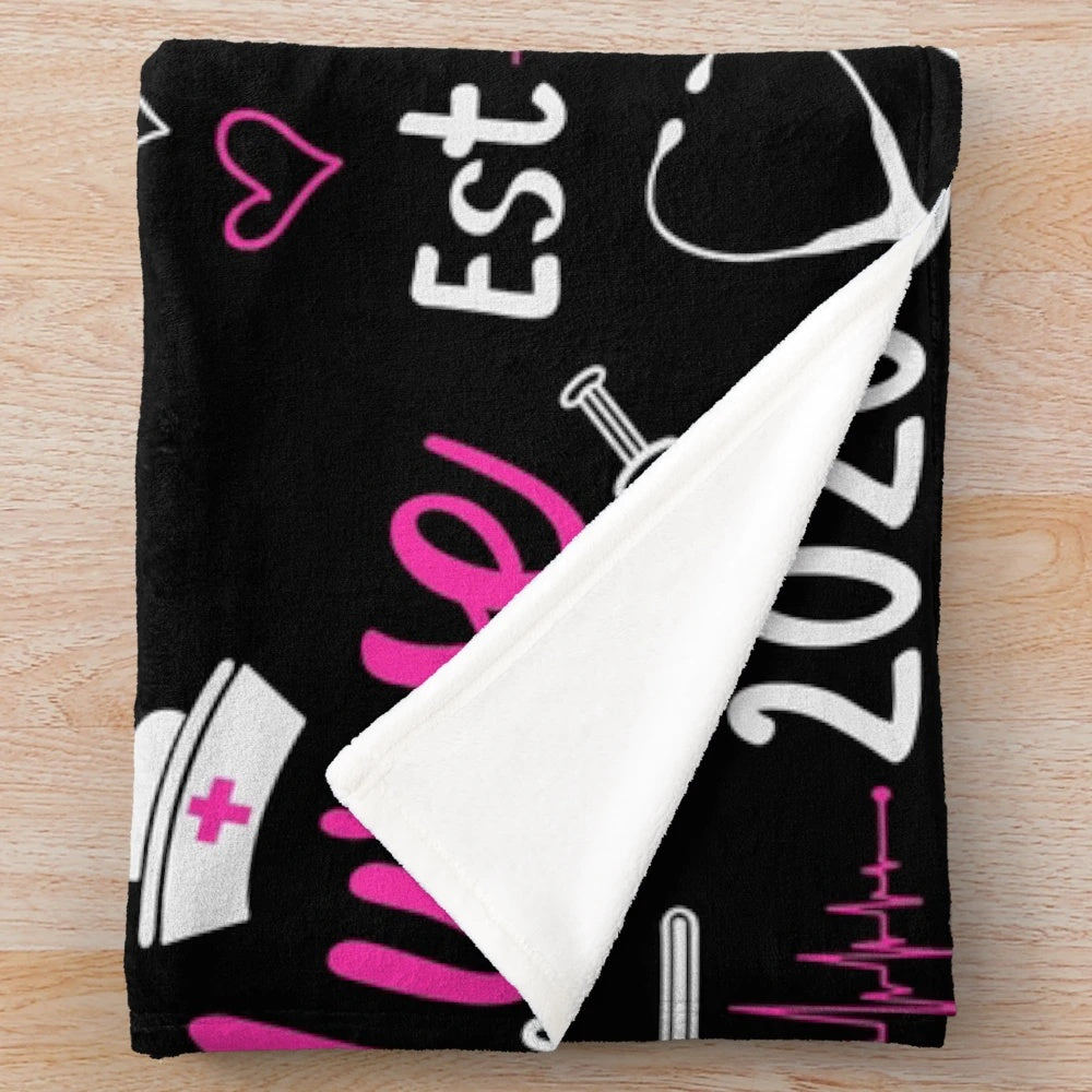 Cozy plush blanket with inspirational "You Can't Scare Me, I'm a Nurse Est. 2020" design for nurses and essential workers