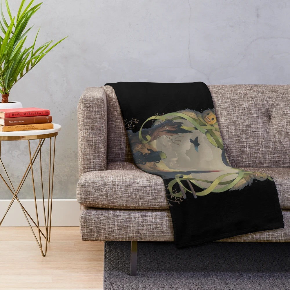 Pumpkin Party Plush Blanket featuring a cozy, cartoon-inspired forest scene