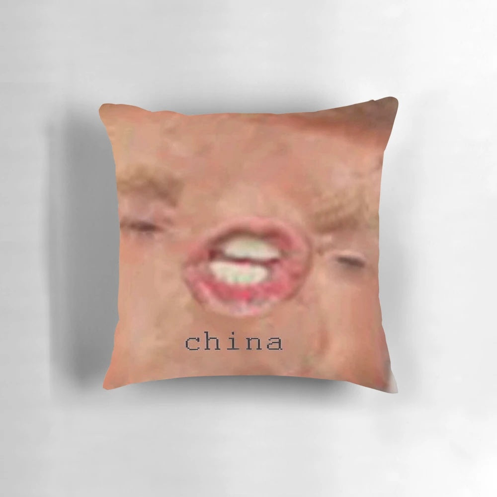 Soft, plush Trump China pillow with caricature face design