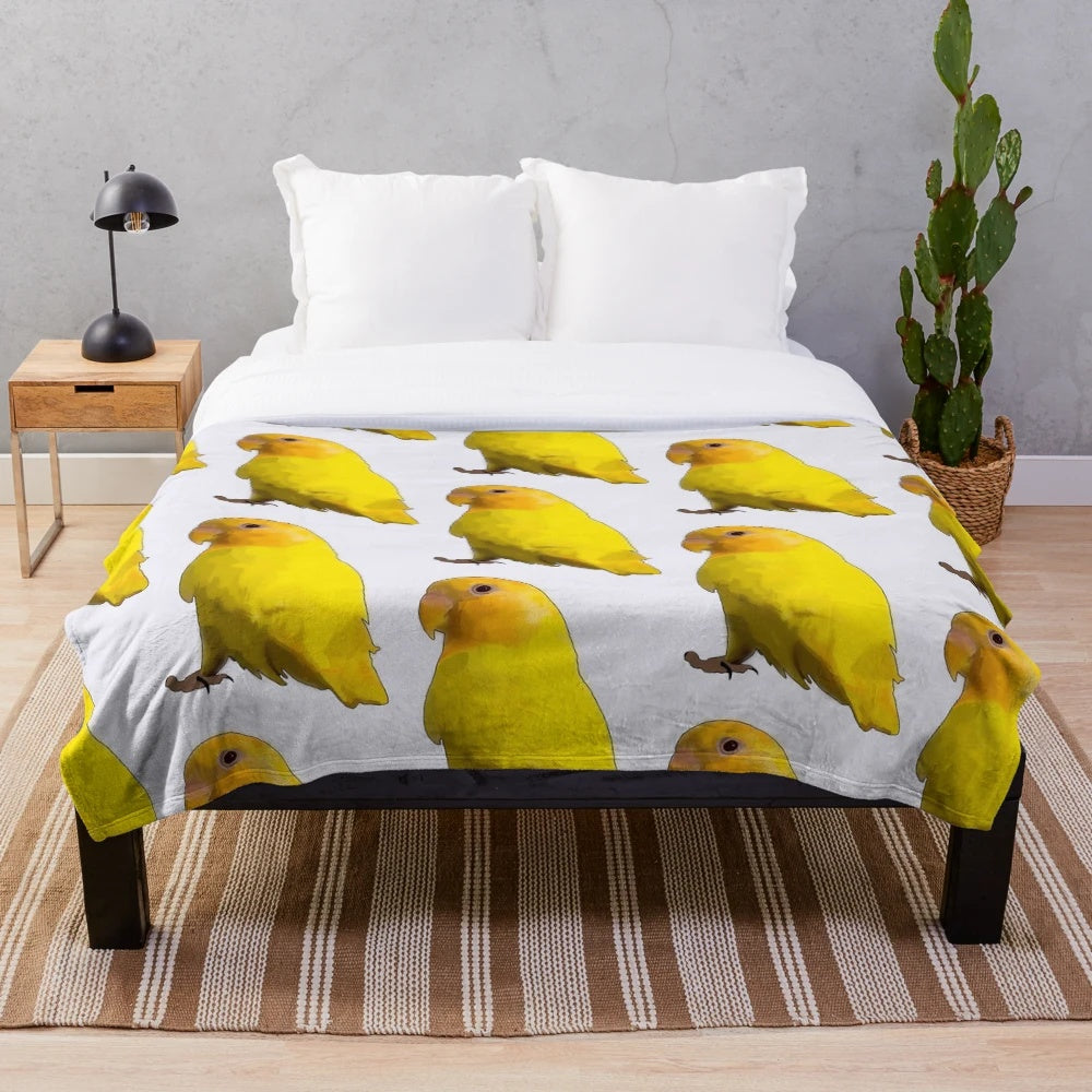 Soft, snuggly plush blanket featuring a yellow lovebird design