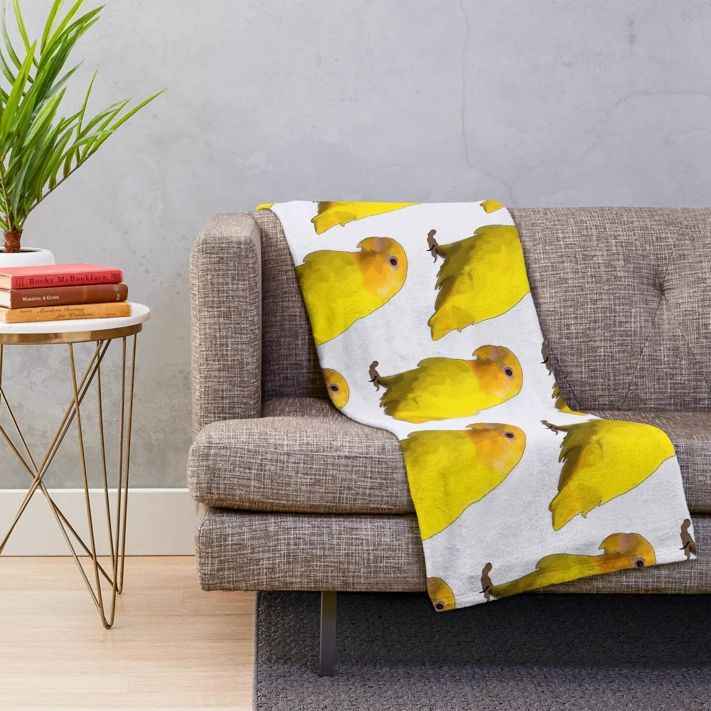 Soft, snuggly plush blanket featuring a yellow lovebird design