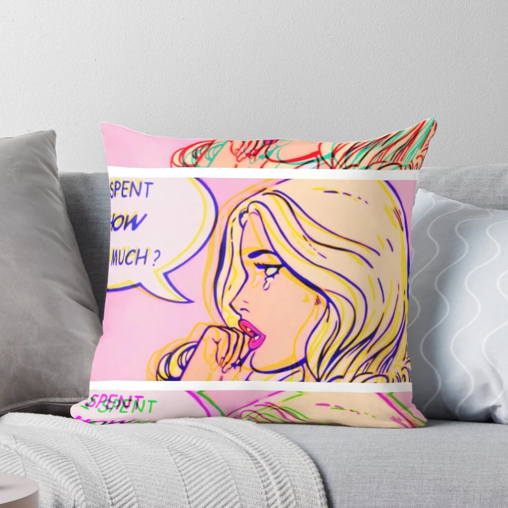 A decorative pillow featuring a comic-inspired pop art print with a shopping-related quote.
