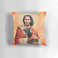 Keanu Reeves-inspired throw pillow with a humorous depiction of Jesus Christ and a dog