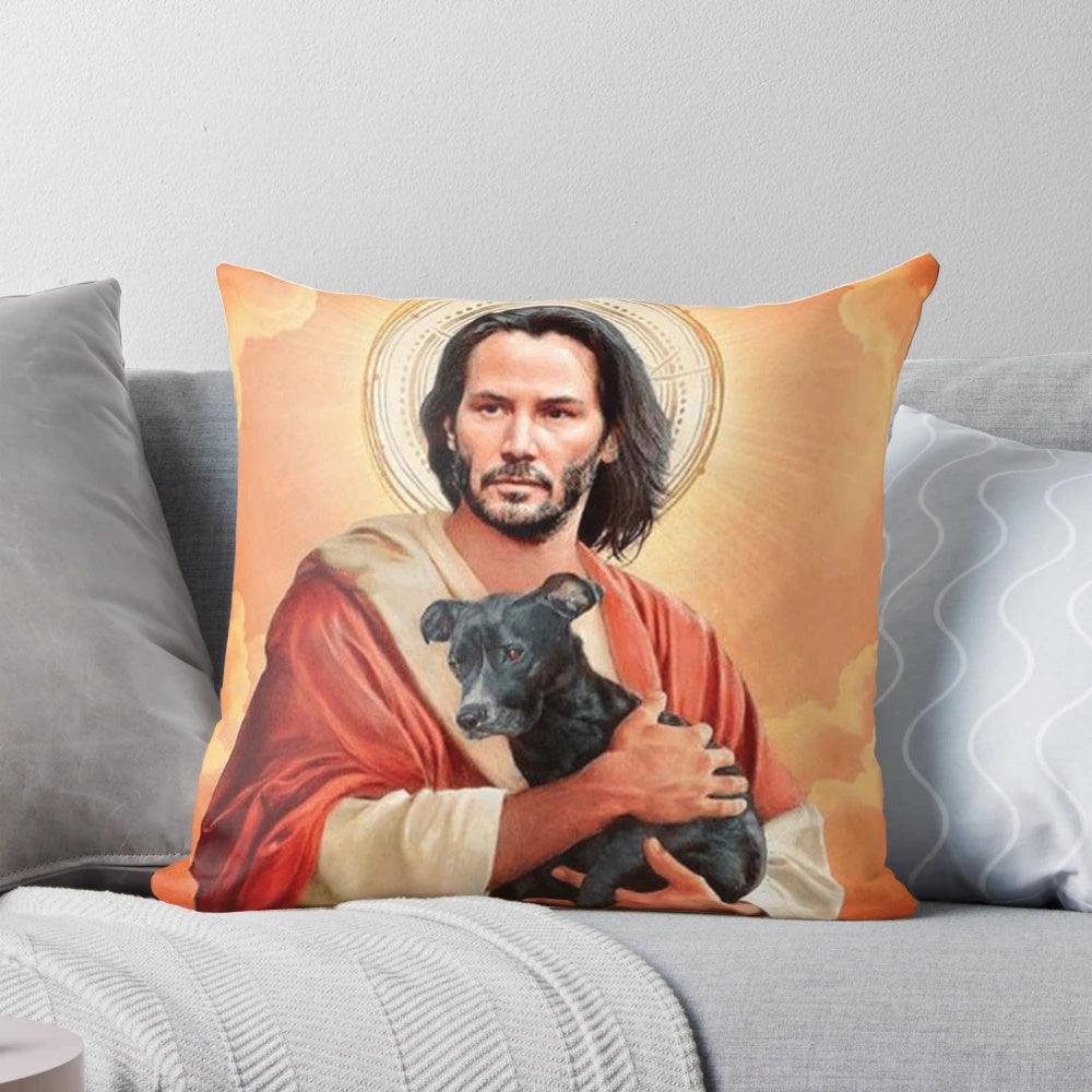 Keanu Reeves-inspired throw pillow with a humorous depiction of Jesus Christ and a dog