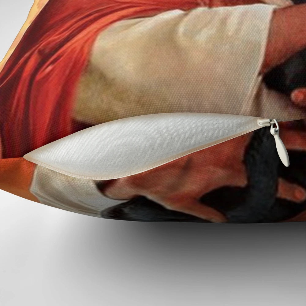 Keanu Reeves-inspired throw pillow with a humorous depiction of Jesus Christ and a dog