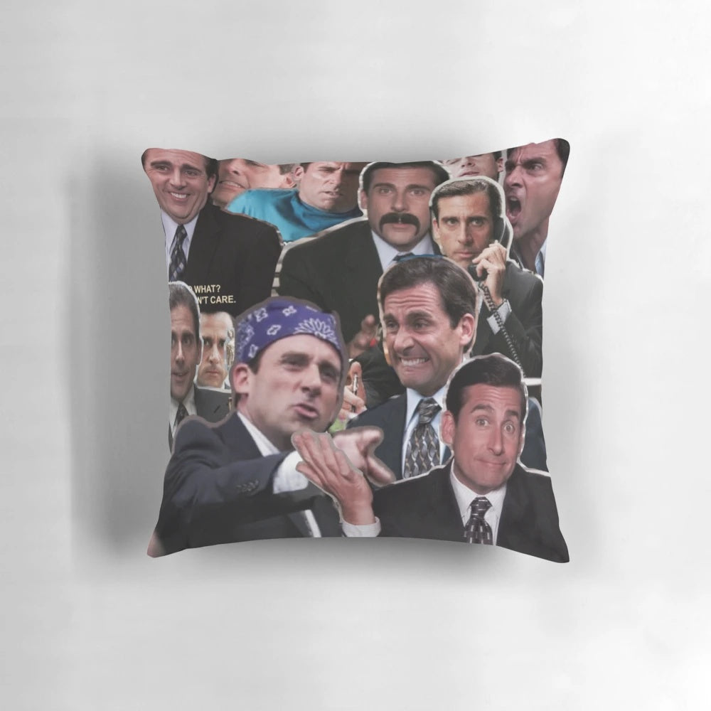 Colorful decorative pillow featuring a caricature of The Office character Michael Scott played by actor Steve Carell