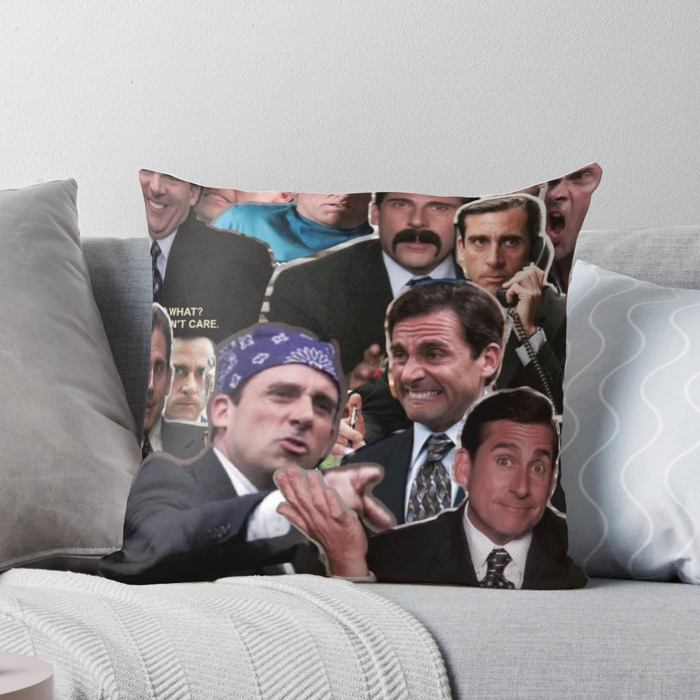 Colorful decorative pillow featuring a caricature of The Office character Michael Scott played by actor Steve Carell